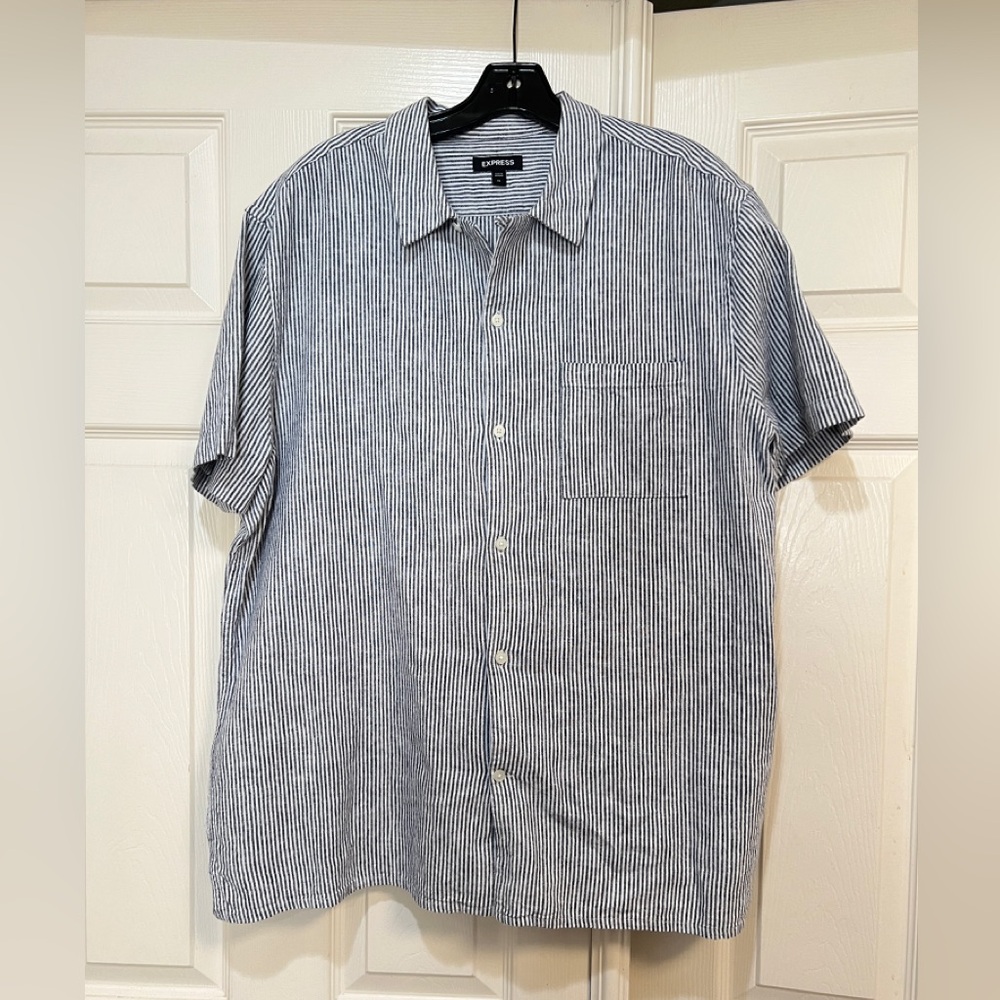 Express Men’s XL Linen Blend Striped Short Sleeve Button Up Summer Shirt